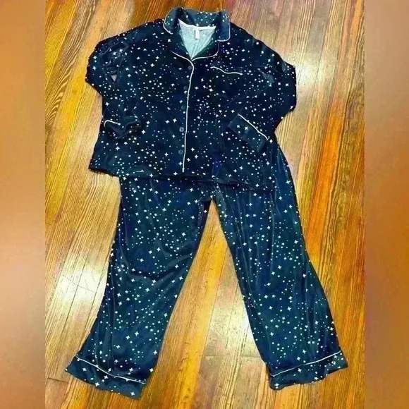 Joyspun Velour Stretch Plus Size Pj Set NWOT Sz 2z Navy Celestial Long Sleeve - Picture 1 of 8